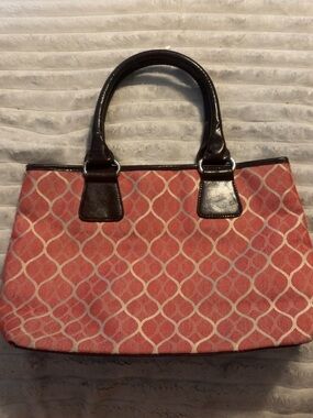 Relativity Coral Pink Patterned Tote with Dark Brown Trim